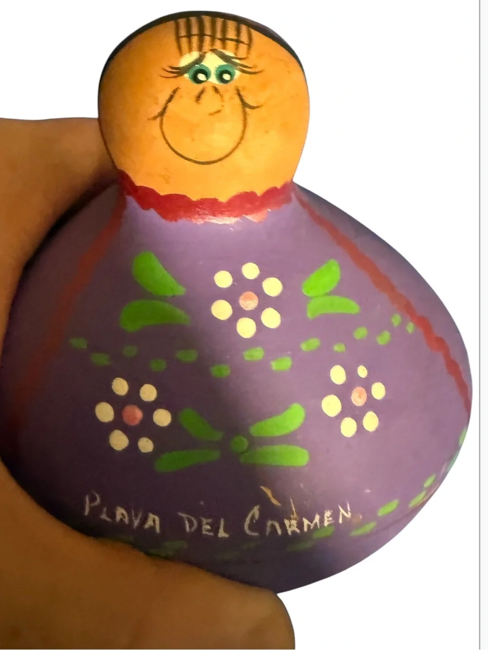 Hand-Painted Purple Mexican Ceramic Doll - Playa del Carmen